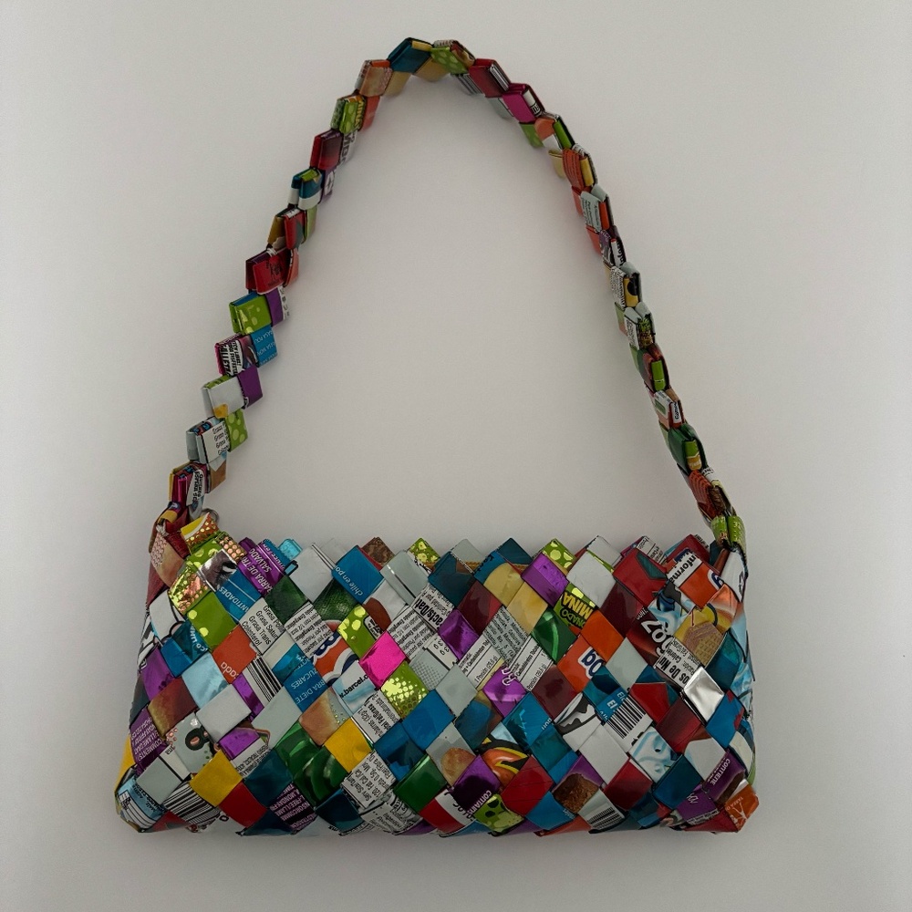 Colorful Multi Colored Y2k Woven Candy Wrapper Mini Bag Purse W/ Yellow Zipper